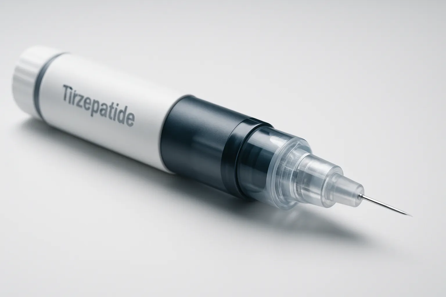 Tirzepatida – Medicamento Revolucionário para Emagrecimento Caneta injetora de tirzepatida em apresentação científica profissional, mostrando o medicamento inovador para tratamento da obesidade