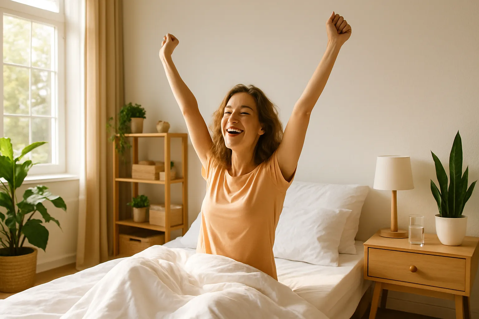 Vida Energética com Hormônios Equilibrados Pessoa acordando com energia e disposição em ambiente saudável, representando os benefícios dos hormônios da tireoide equilibrados