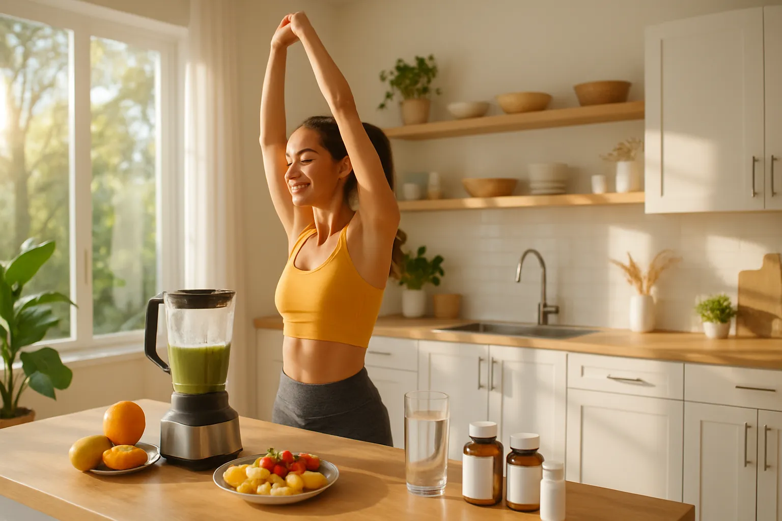 Ambiente de casa moderna com pessoa energizada pela manhã, espaço de wellness e rotina saudável otimizada