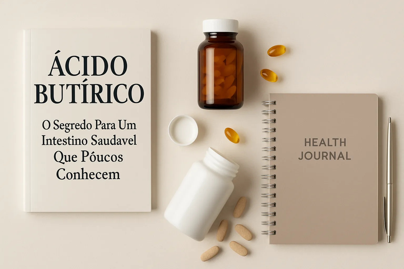Alimentos prebióticos essenciais para produção de ácido butírico Composição flat lay com alimentos ricos em prebióticos: alcachofra, alho, cebola, aveia, banana verde, maçãs e aspargos organizados sobre superfície branca