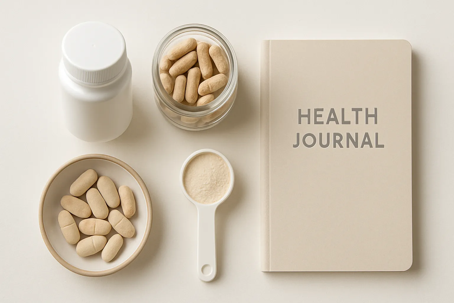 Alimentos e Suplementos para Dieta FODMAP Vista superior de alimentos permitidos na dieta FODMAP organizados sobre mesa branca, incluindo vegetais seguros e suplementos digestivos