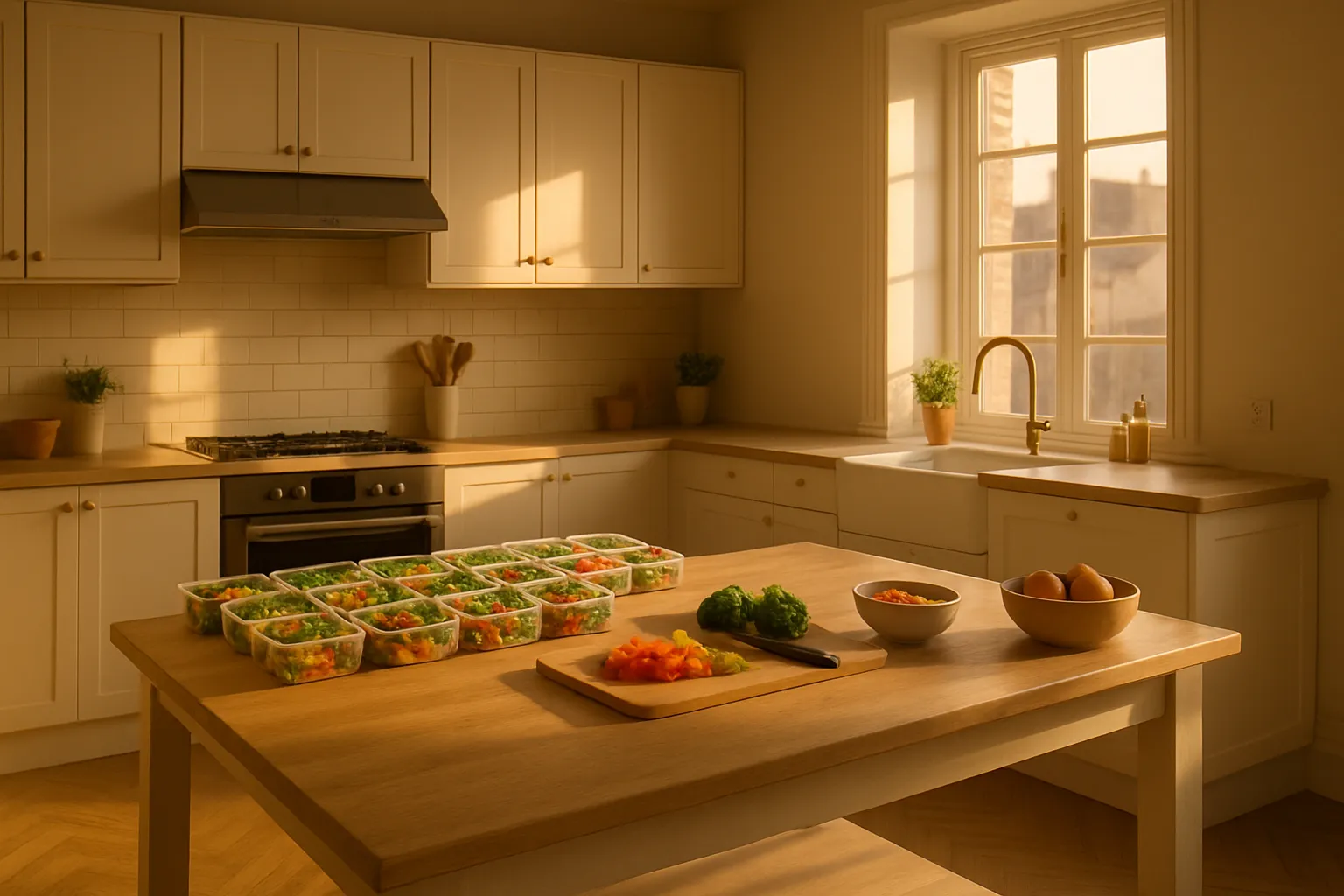 Ambiente Ideal para Vencer a Adaptação Metabólica Cozinha organizada com estação de preparação de refeições iluminada pela luz natural, criando o espaço perfeito para controle nutricional estratégico