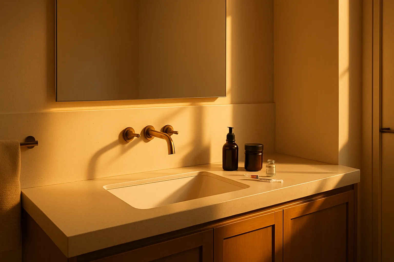 Banheiro bem iluminado com bancada limpa e organizada, ideal para preparação e aplicação segura de peptídeos