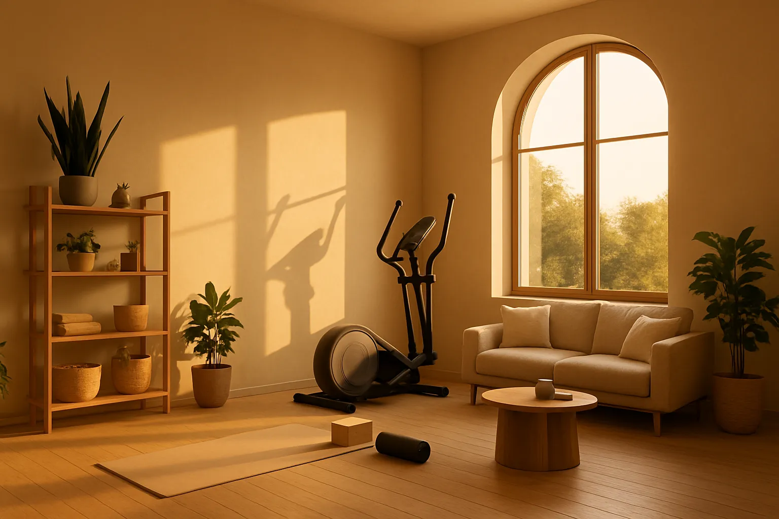 Sala de estar focada em bem-estar com equipamentos de exercício e luz natural dourada