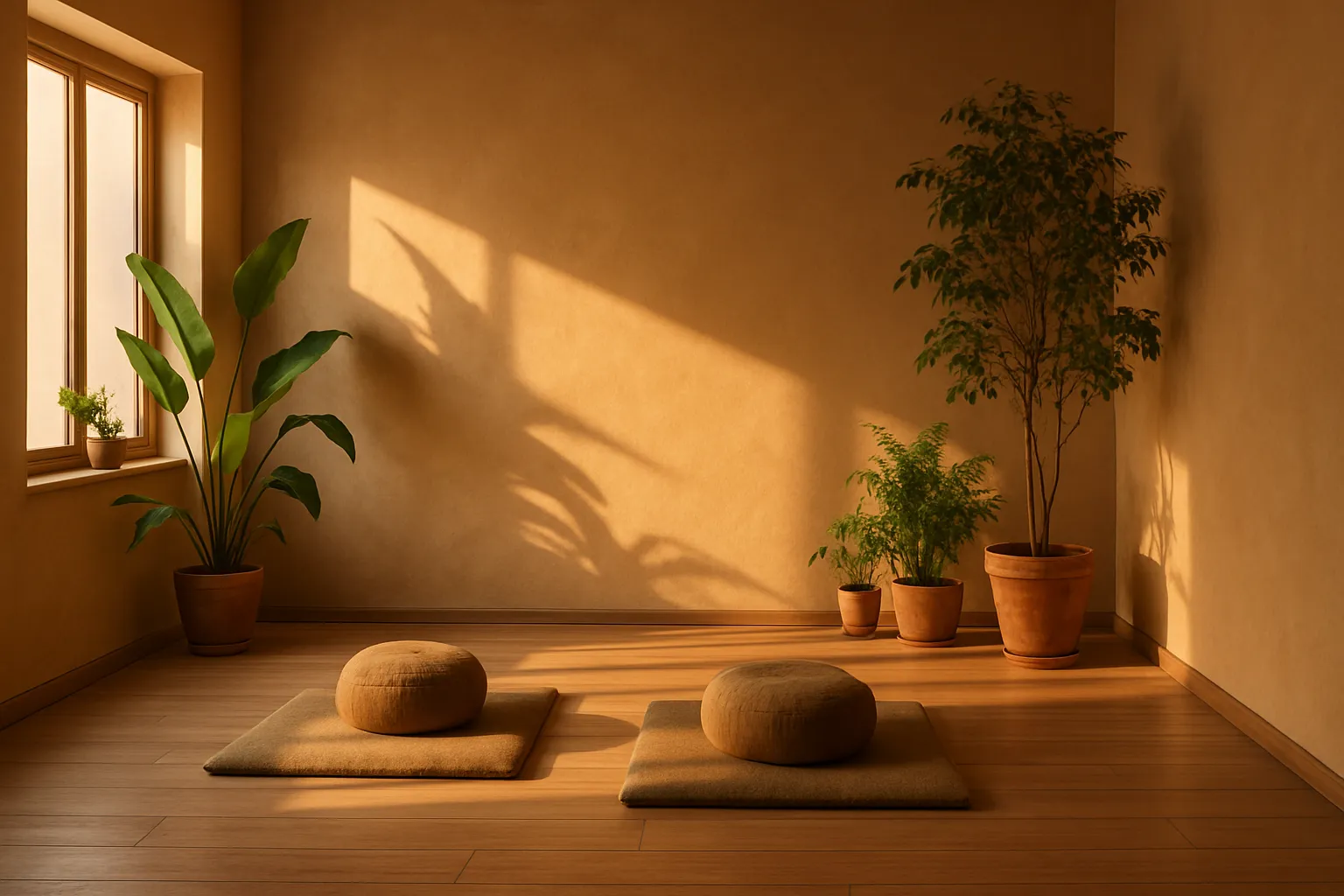 Espaço tranquilo de meditação com almofadas e plantas para bem-estar durante a gestação