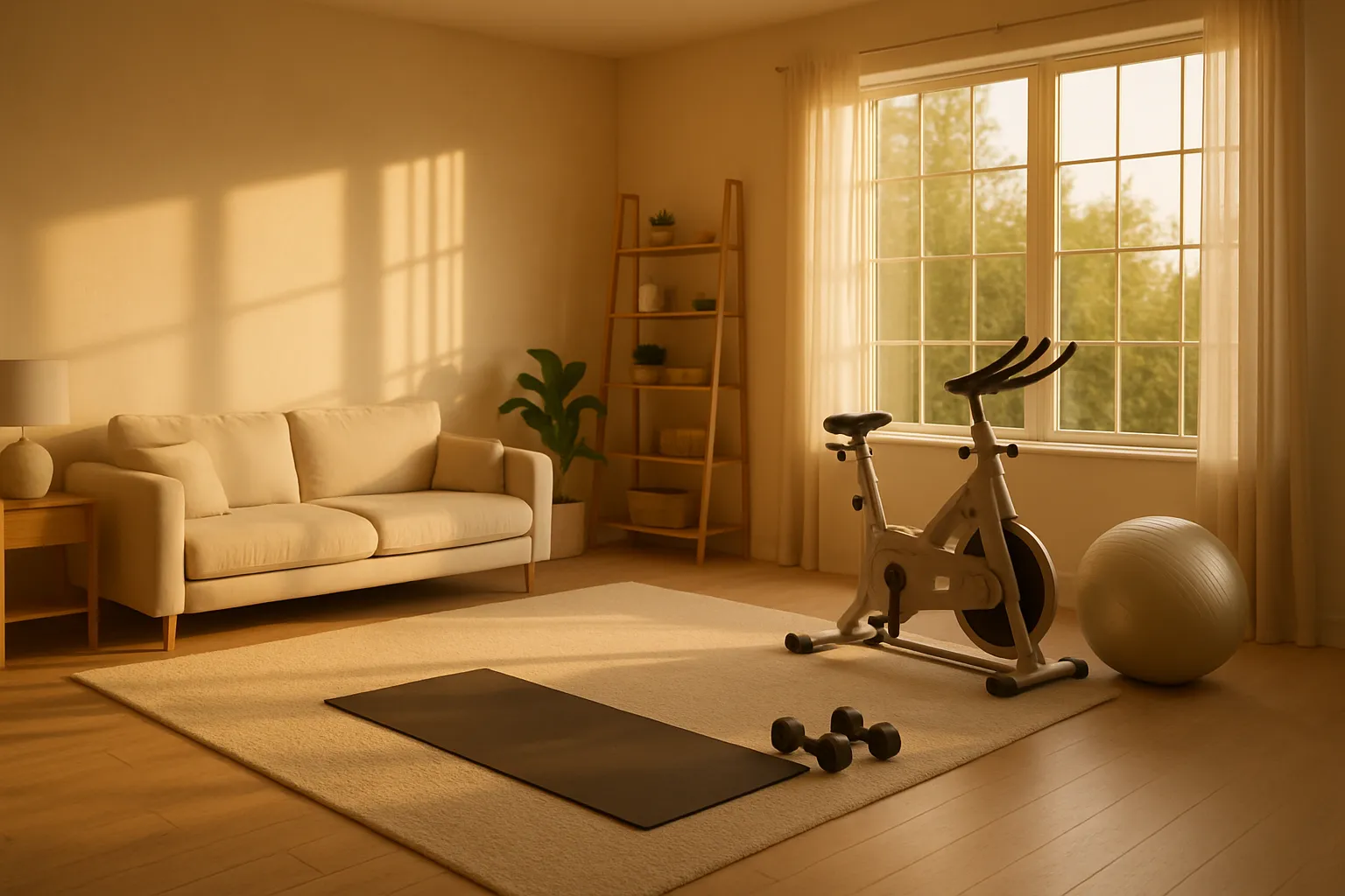 Ambiente de bem-estar focado em longevidade saudável Sala de estar organizada com equipamentos de exercício e elementos de wellness, criando ambiente propício para longevidade e saúde cardiovascular