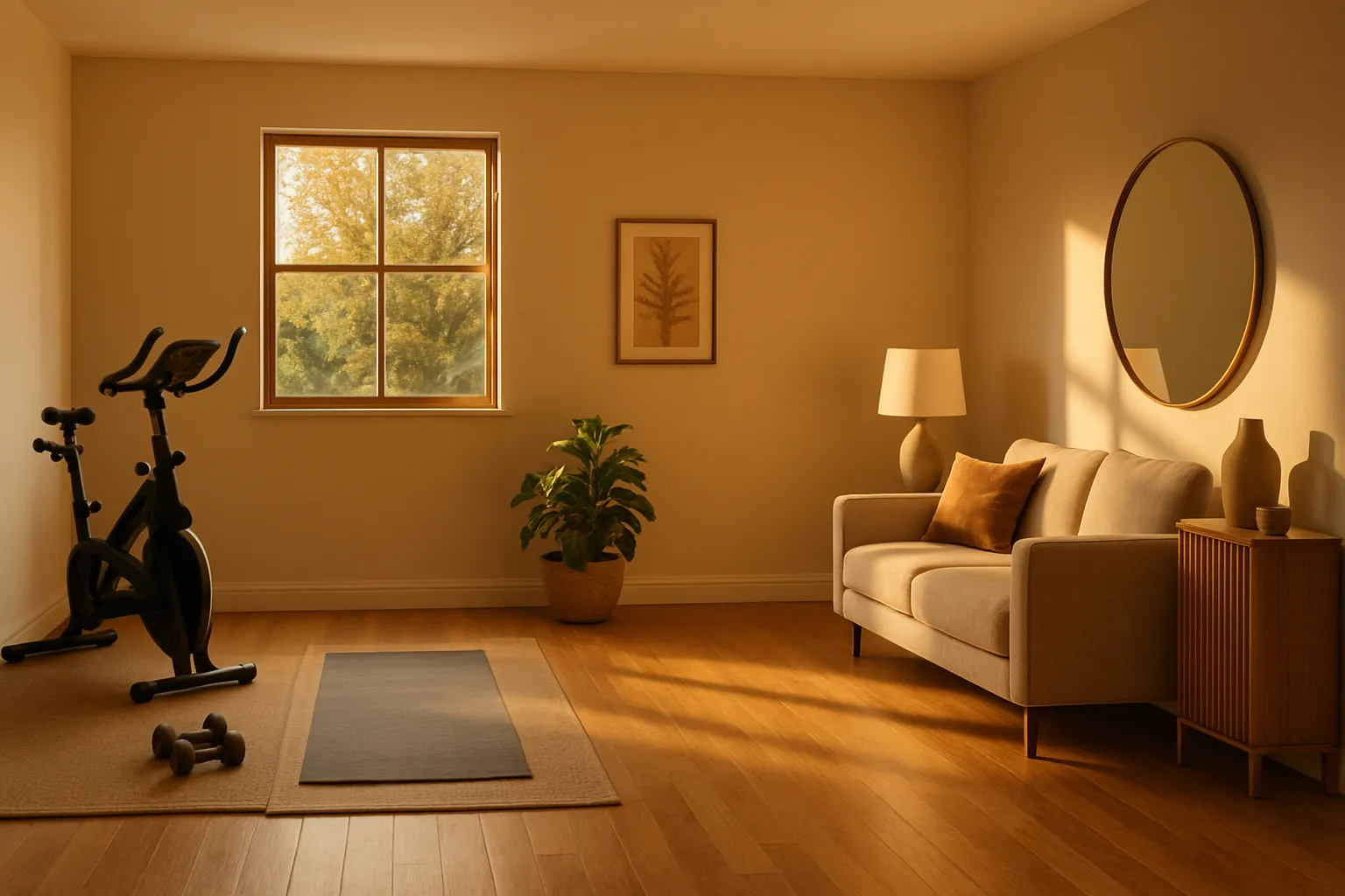 Ambiente de Bem-Estar e Longevidade Saudável Espaço de living room organizado com foco em wellness, incluindo área para exercícios e elementos que promovem um estilo de vida voltado para a longevidade