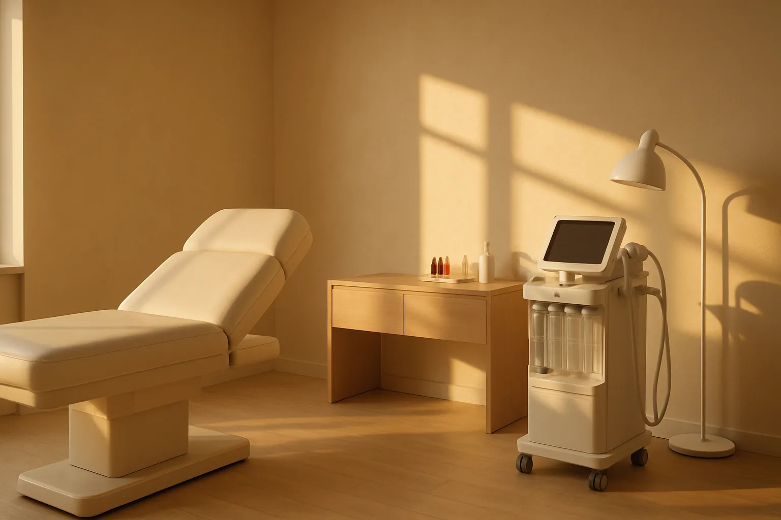 Ambiente Clínico Ideal para PDRN Sala de tratamento estético moderna preparada para procedimentos de regeneração celular