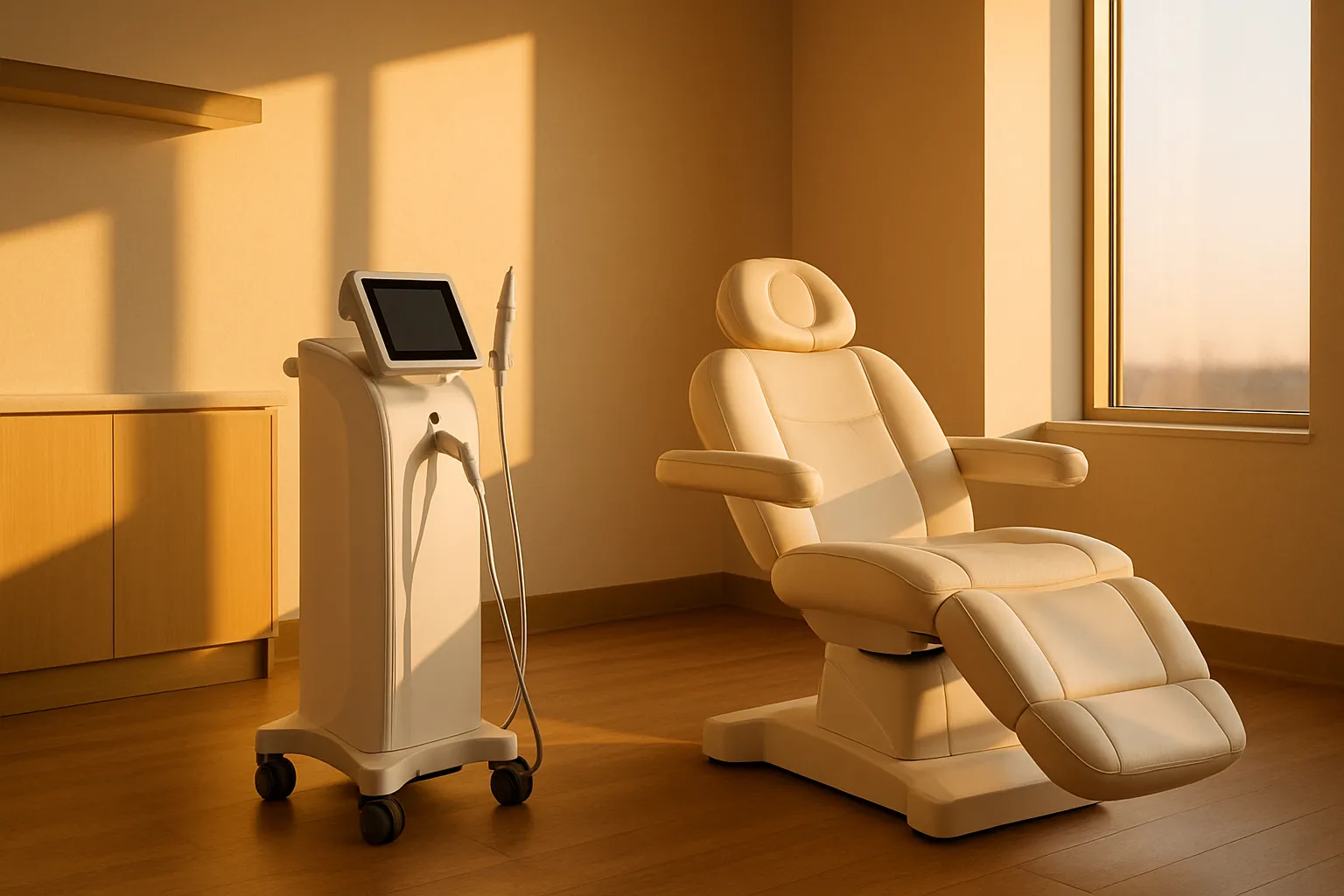 Sala de tratamento estético moderna equipada para procedimentos de RF microneedling