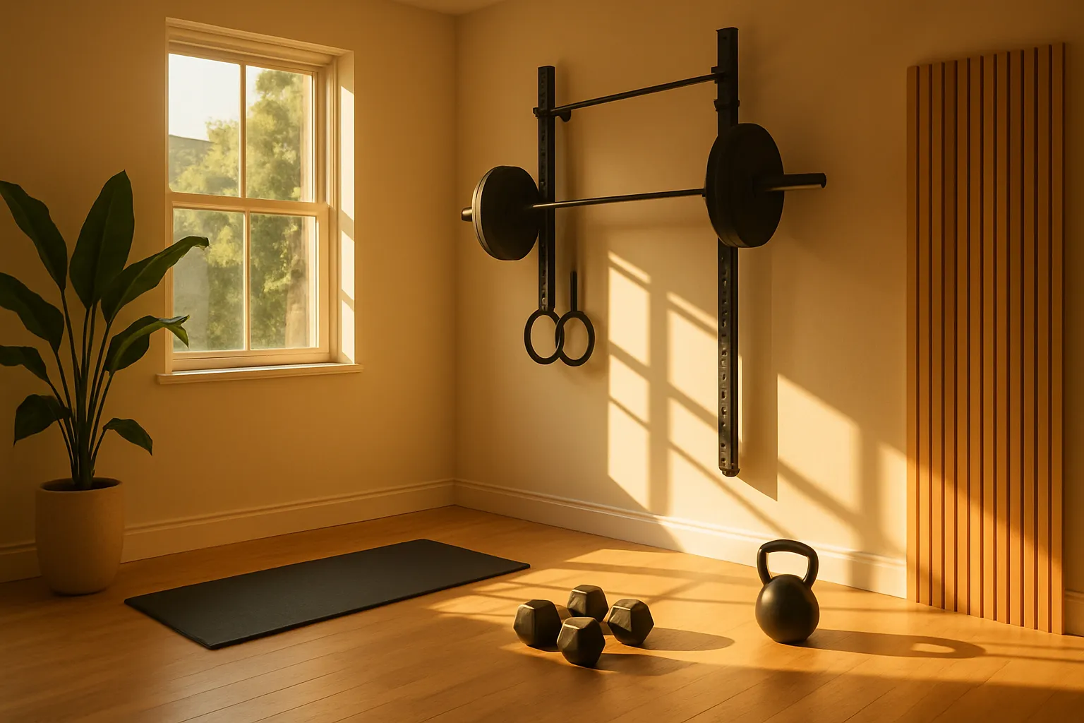 Espaço doméstico organizado com área de exercícios e iluminação natural, ideal para práticas de jejum intermitente