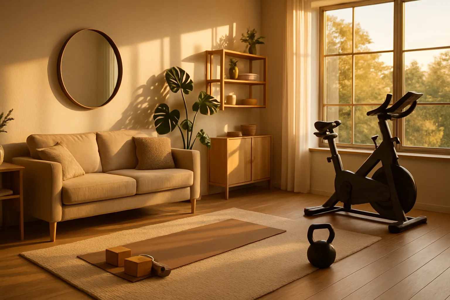 Sala de estar focada em bem-estar com equipamentos de exercício e luz natural, criando ambiente de longevidade