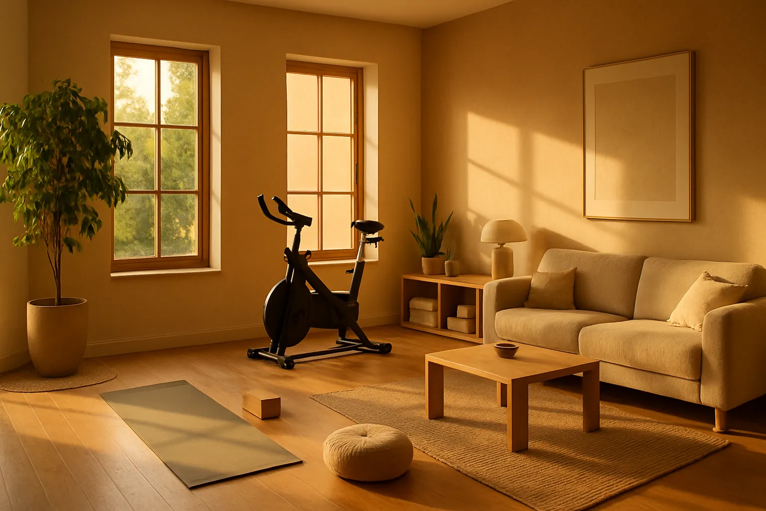 Sala de estar focada em bem-estar com equipamentos de exercício e luz natural, espaço perfeito para práticas de longevidade