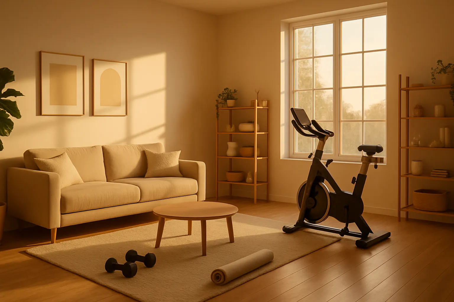Ambiente Ideal para Práticas de Renovação Celular Espaço de bem-estar em casa com área para exercícios e meditação, iluminado pela luz dourada da manhã, ideal para práticas de mitofagia