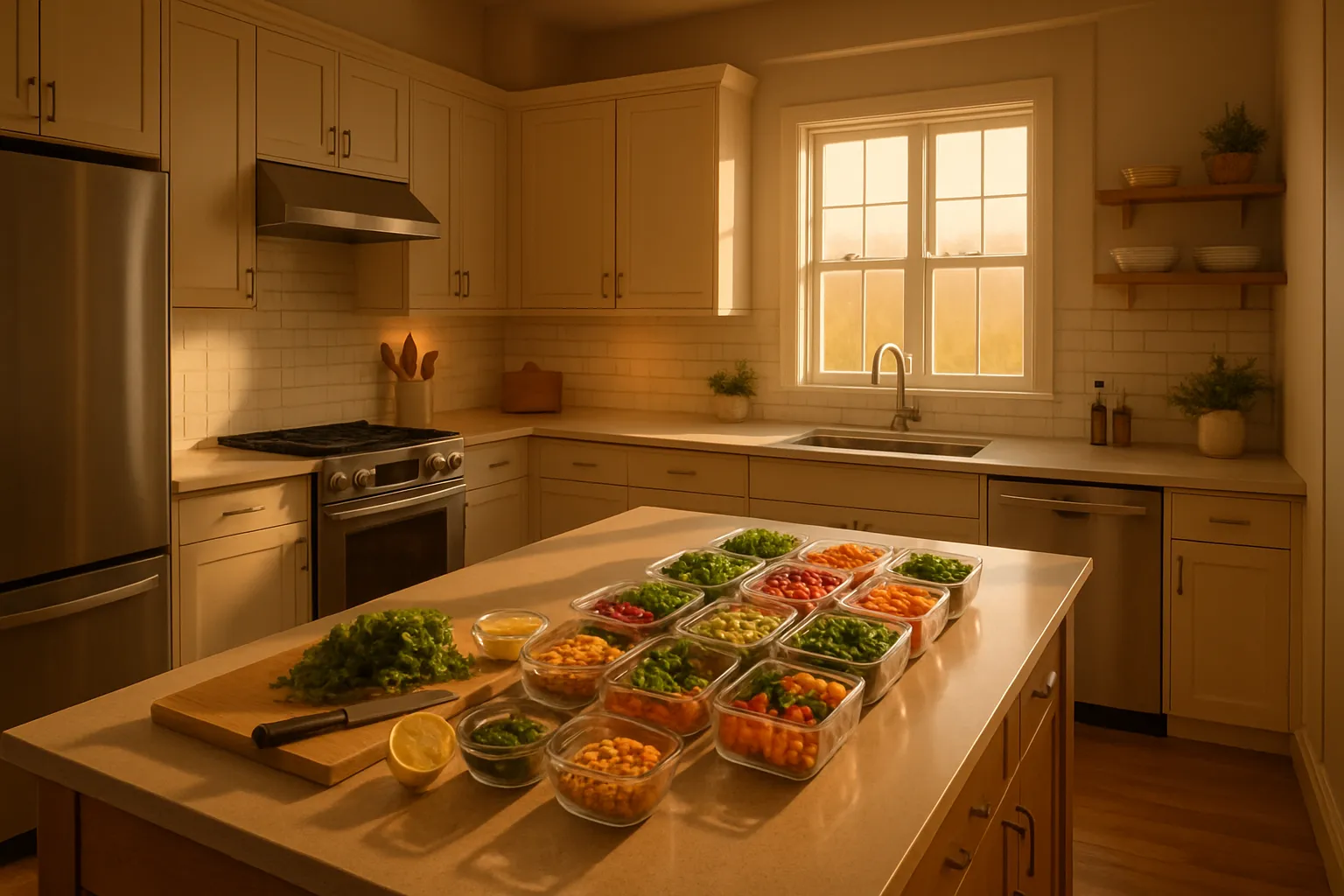 Cozinha organizada com estação de preparo de refeições saudáveis, iluminada por luz natural