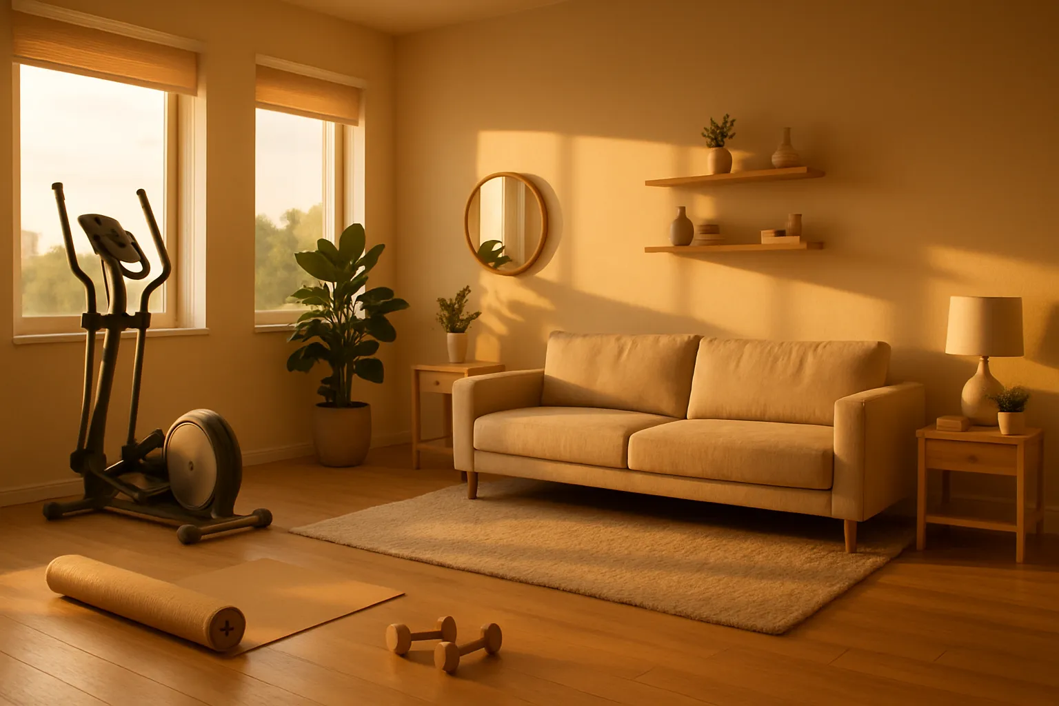 Sala de estar focada em wellness com equipamentos de exercício, criando o espaço perfeito para cuidar da microbiota