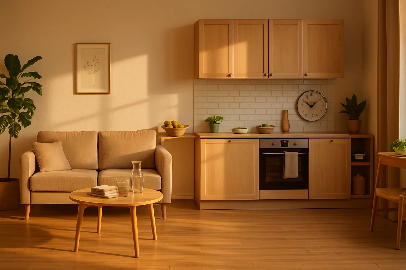 Ambiente Ideal para Prática de Jejum e Regeneração Celular Cozinha organizada e sala de estar preparada para prática de jejum intermitente e ativação da autofagia