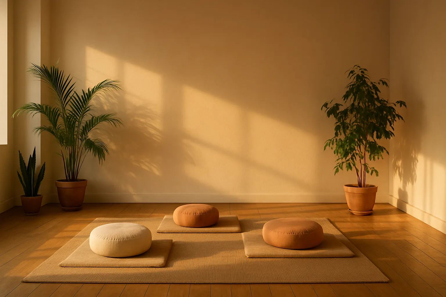 Ambiente Ideal para Otimização Epigenética Canto de meditação pacífico com almofadas e plantas, criando espaço perfeito para práticas de bem-estar epigenético