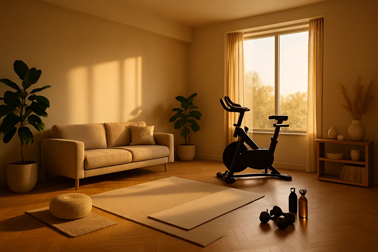 Sala de estar focada em wellness com equipamentos de exercício e luz natural