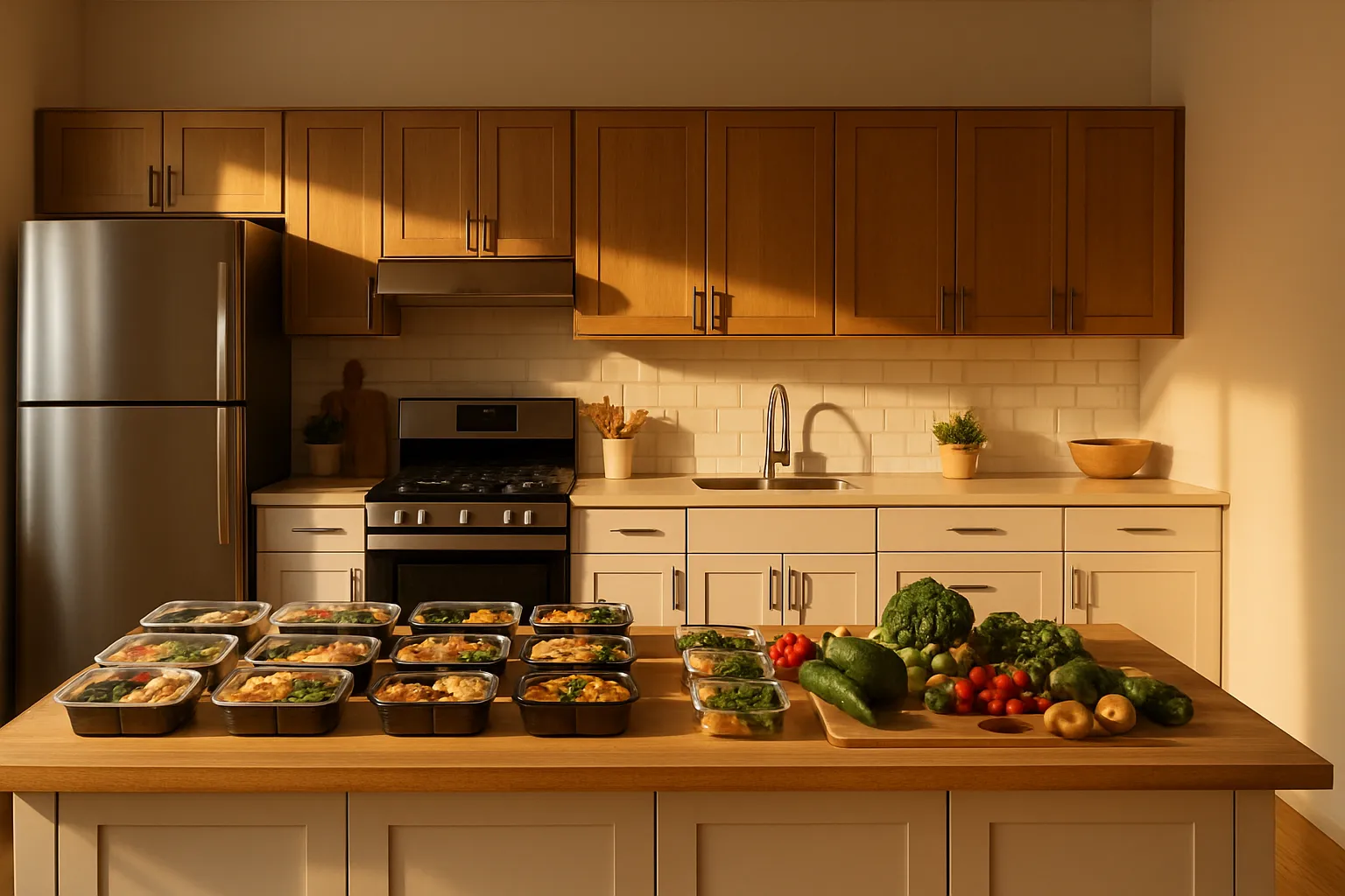 Ambiente para Tratamento de Emagrecimento Cozinha organizada com estação de preparo de refeições saudáveis iluminada pela luz natural