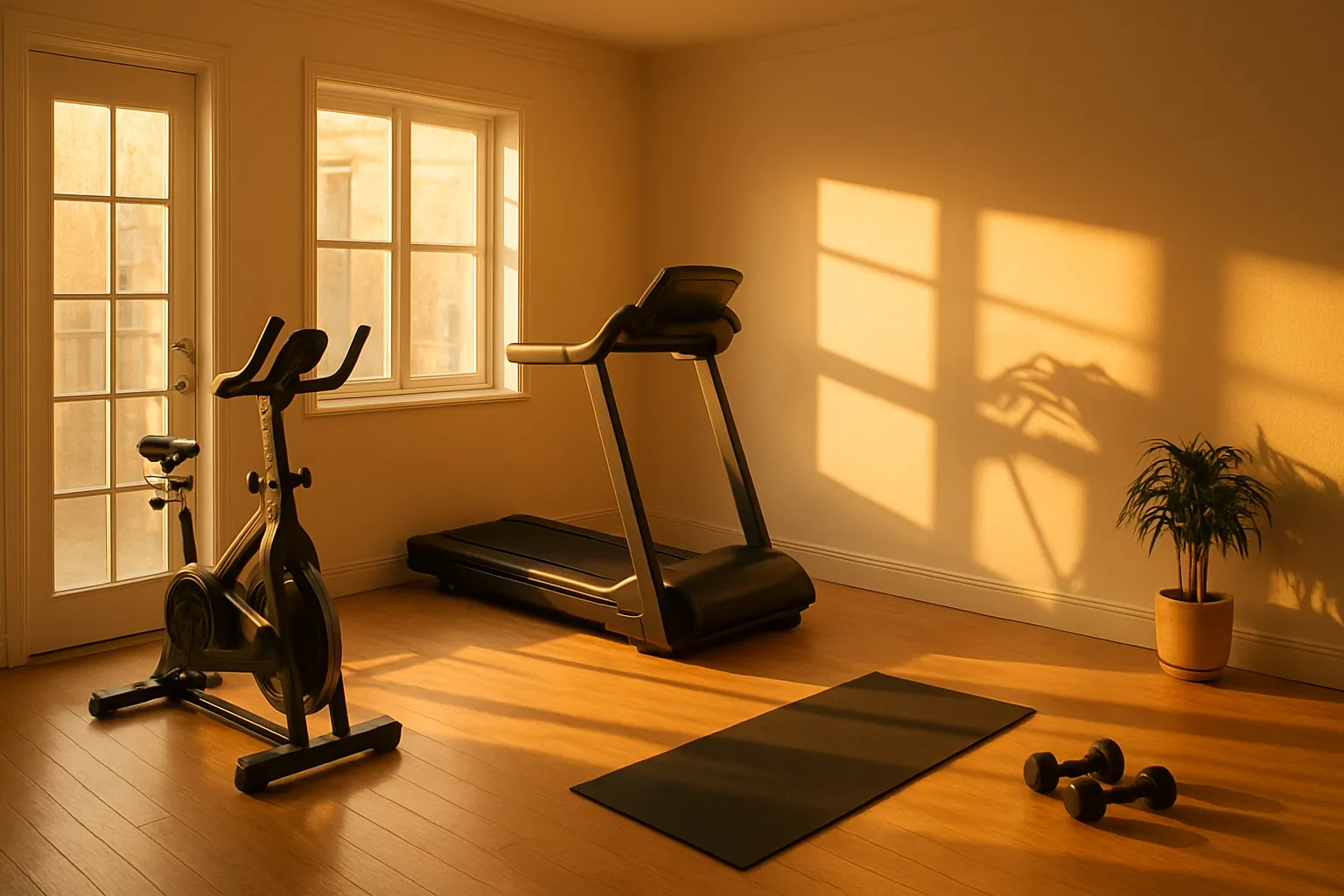 Espaço doméstico organizado com equipamentos de cardio e vista para área externa, ideal para treinamento Zone 2