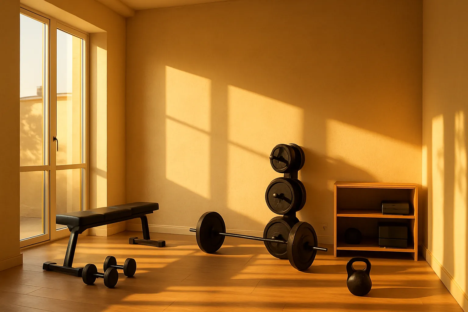 Canto de academia doméstica bem iluminado com equipamentos de exercício e luz natural da manhã