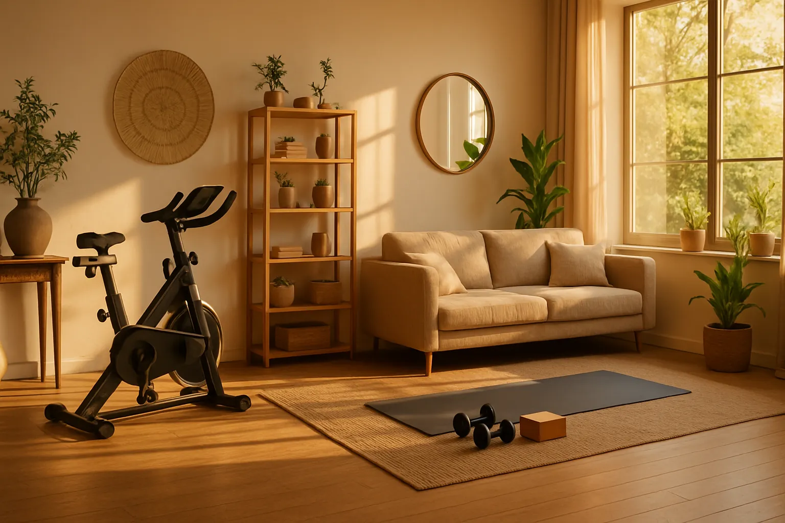 Sala de estar organizada com área dedicada ao bem-estar, incluindo espaço para exercícios e cuidados com a saúde metabólica