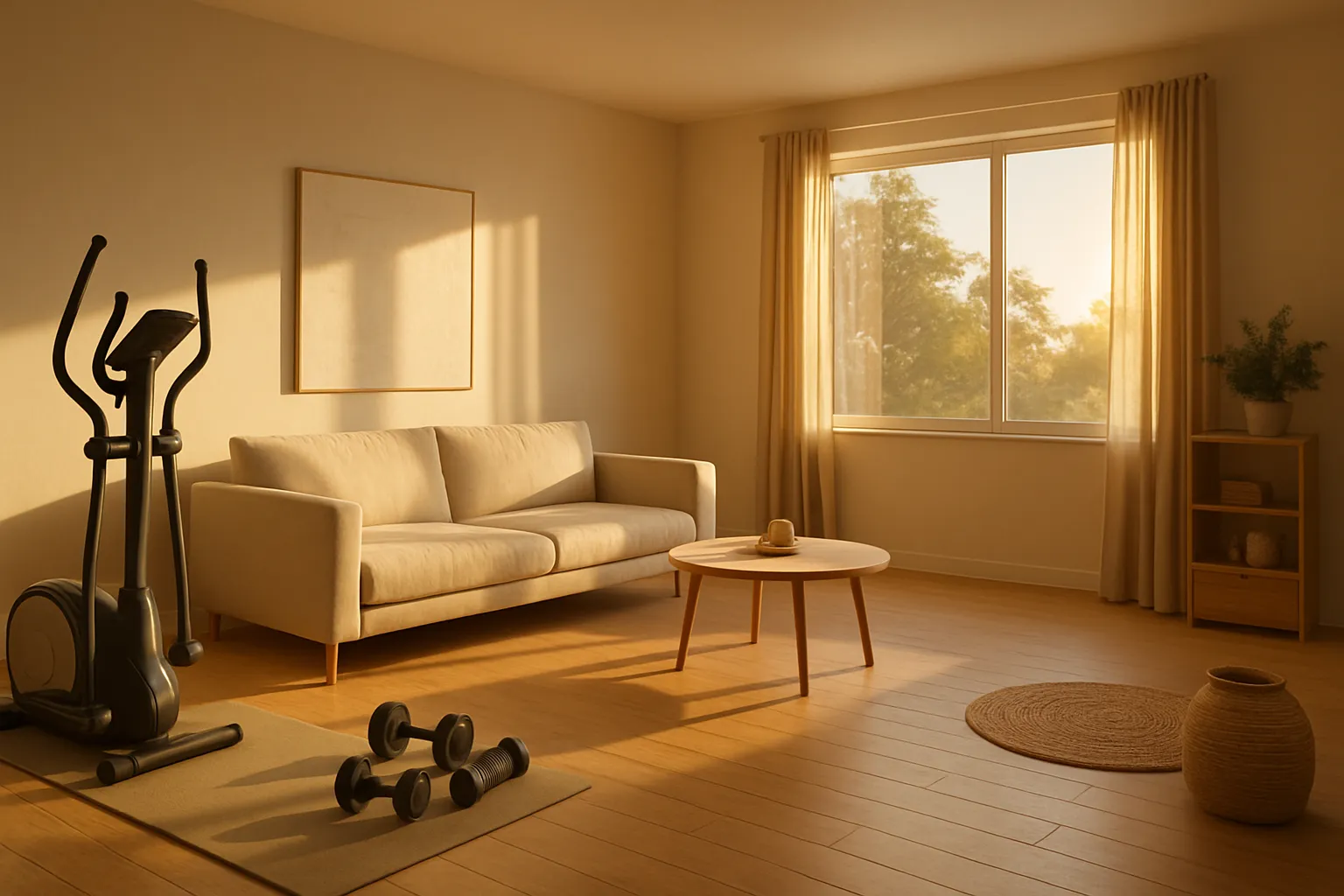 Ambiente de Wellness para Fortalecimento Imunológico Sala de estar focada em wellness com equipamentos de exercício e iluminação natural