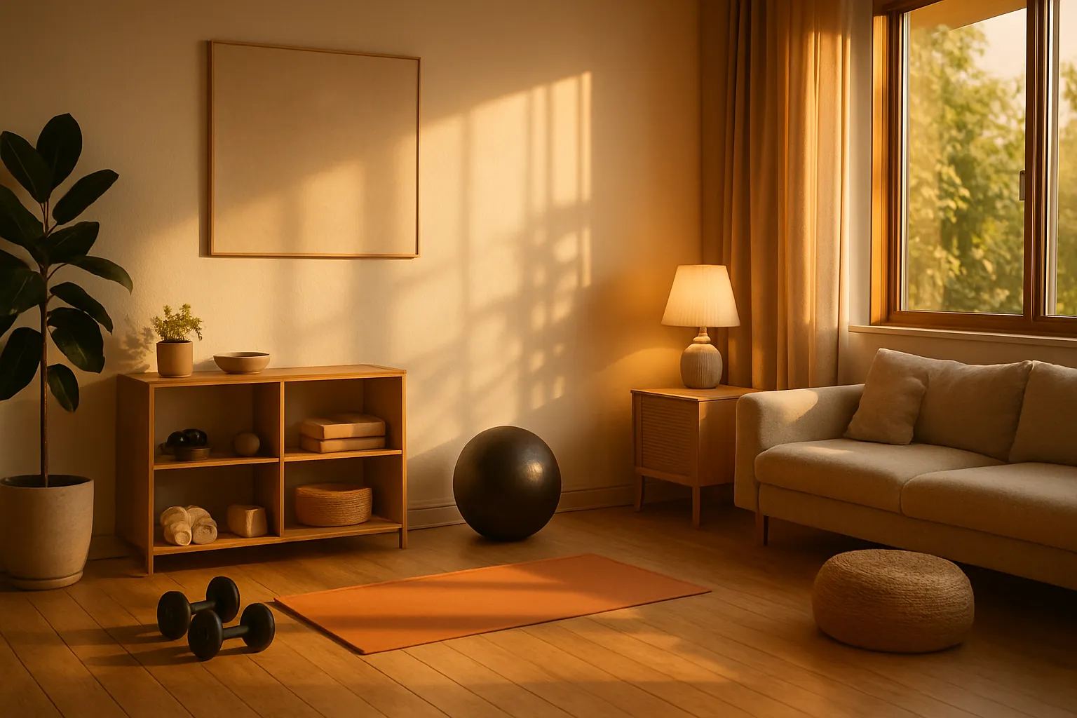 Ambiente wellness focado em longevidade e saúde Sala de estar focada em wellness com equipamentos de exercício, criando espaço perfeito para práticas de longevidade