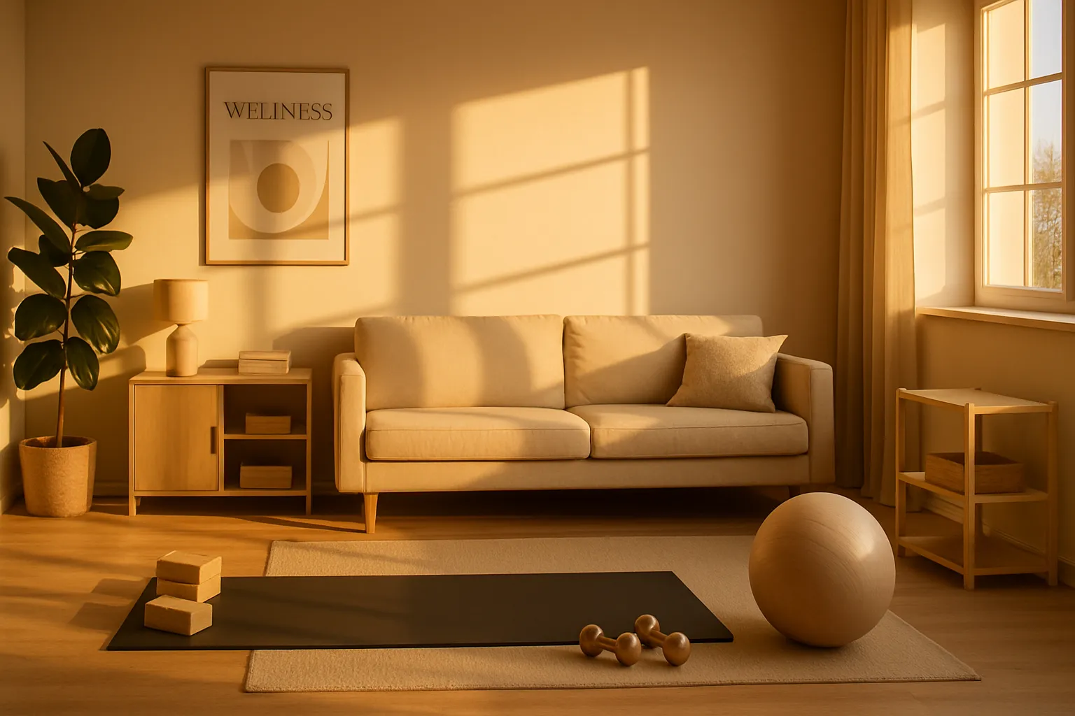 Ambiente Ideal para Práticas de Longevidade Sala de estar focada em bem-estar com equipamentos de exercício e iluminação natural para práticas de longevidade