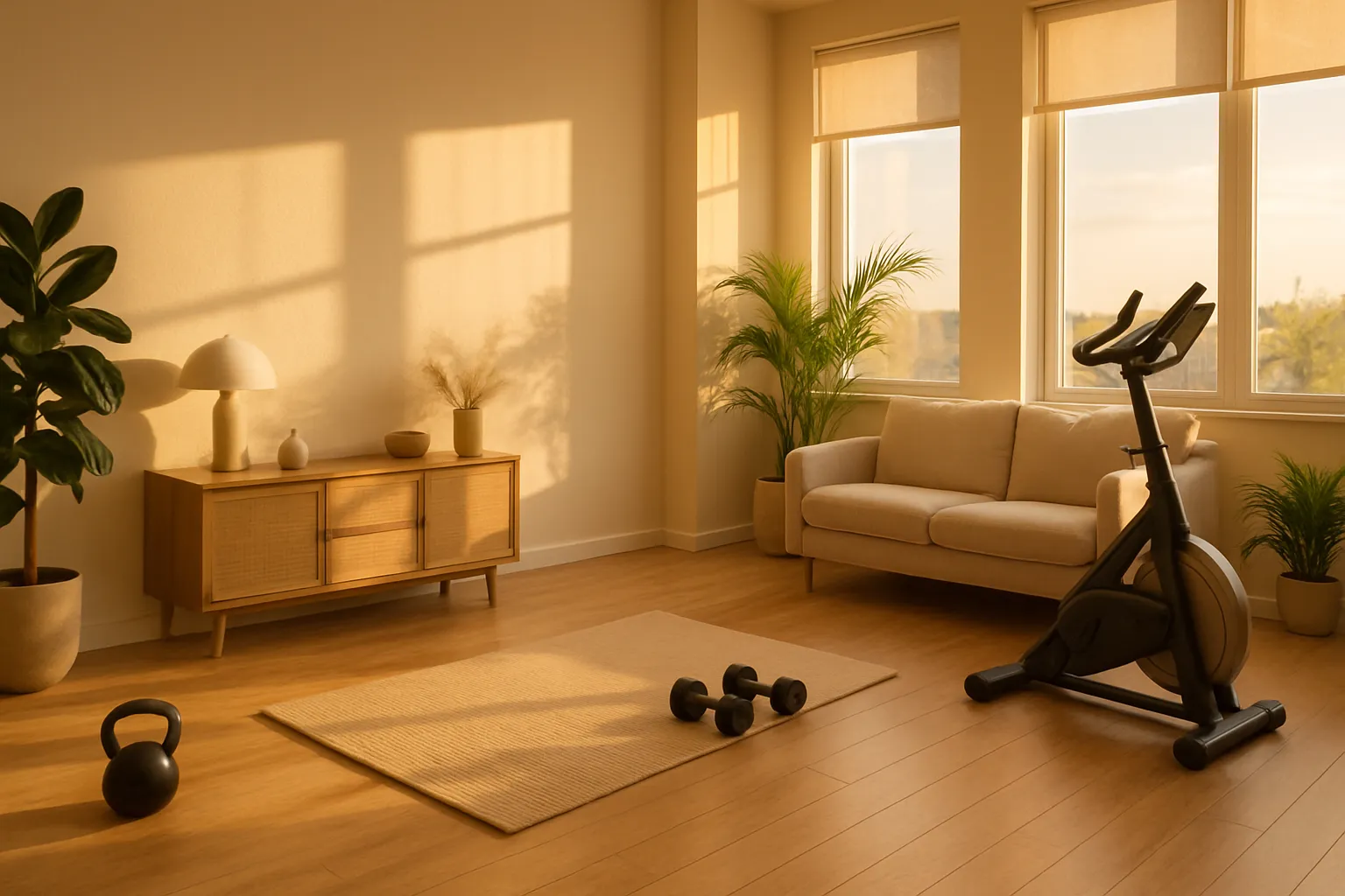 Ambiente de Wellness e Longevidade Saudável Espaço de bem-estar em casa com área para exercícios e meditação, ideal para práticas anti-envelhecimento e combate à senescência celular
