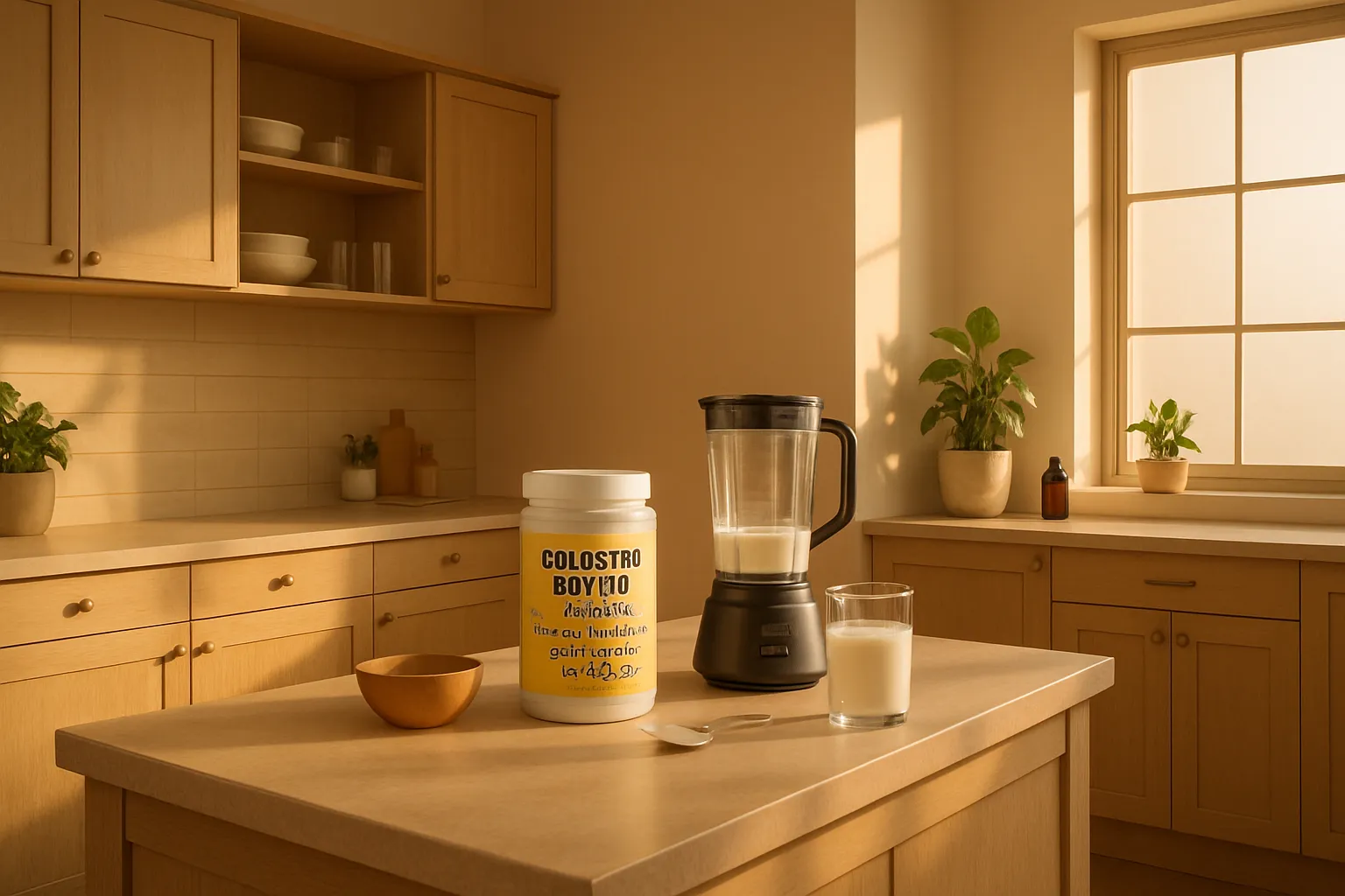 Ambiente de Wellness para Saúde Intestinal Cozinha organizada com estação de preparo de suplementos e área dedicada ao cuidado com saúde digestiva