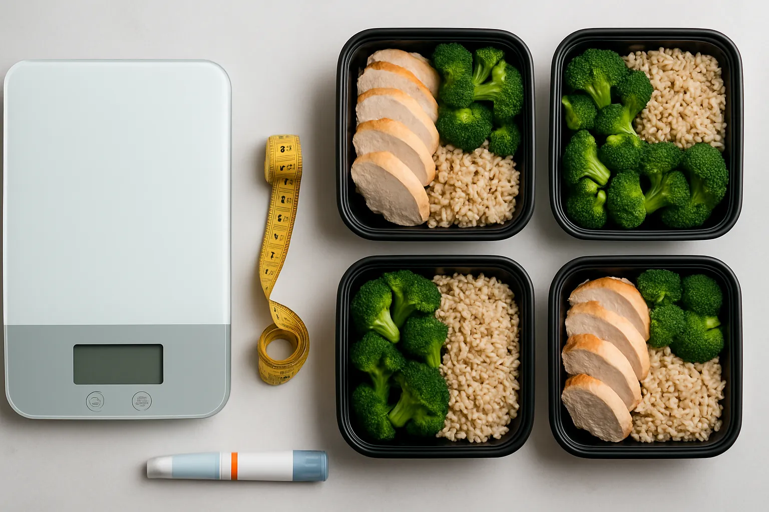 Balança de alimentos e fita métrica com suplementos Balança de alimentos digital, fita métrica e recipientes de preparação de refeições organizados sobre superfície limpa, representando as ferramentas essenciais para acompanhar o progresso do emagrecimento com tirzepatida