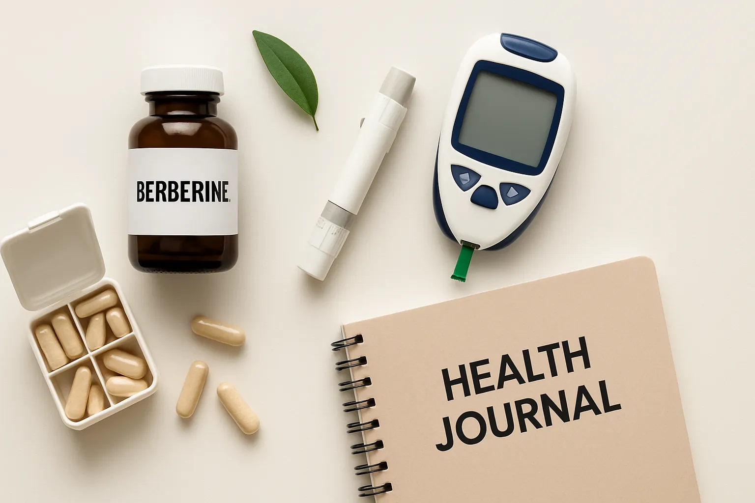 Frascos de berberina, medidor de glicose e caderno de anotações organizados sobre superfície branca, representando ferramentas para controle do diabetes