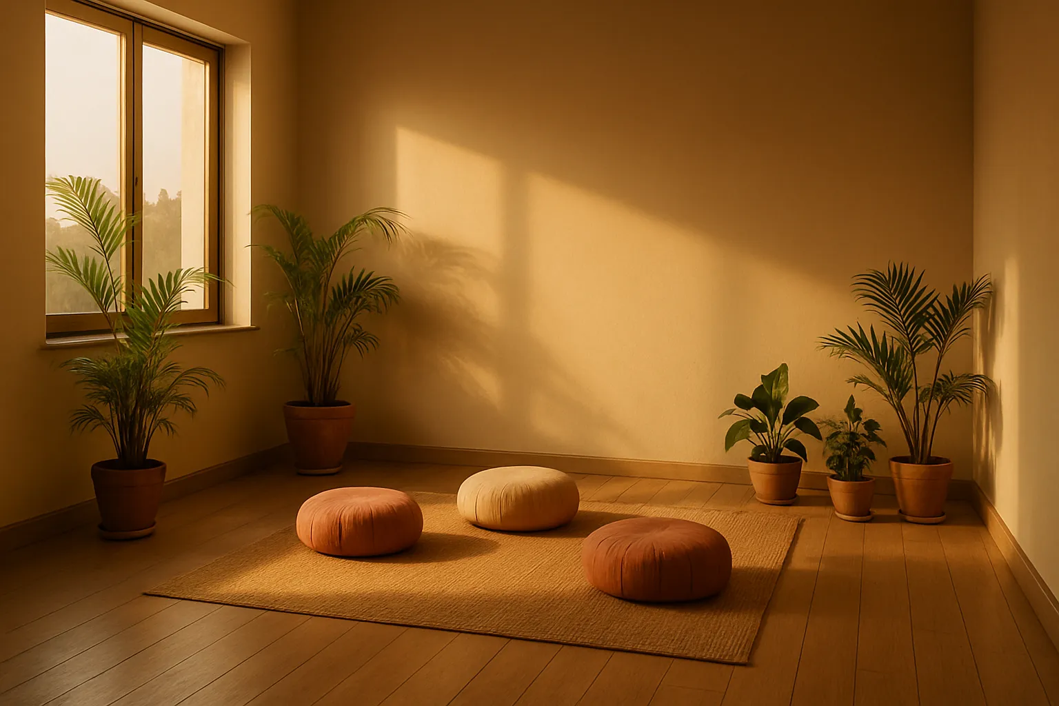 Cantinho de Meditação Tranquilo com Almofadas Cantinho de meditação tranquilo com almofadas e plantas para controle hormonal da grelina