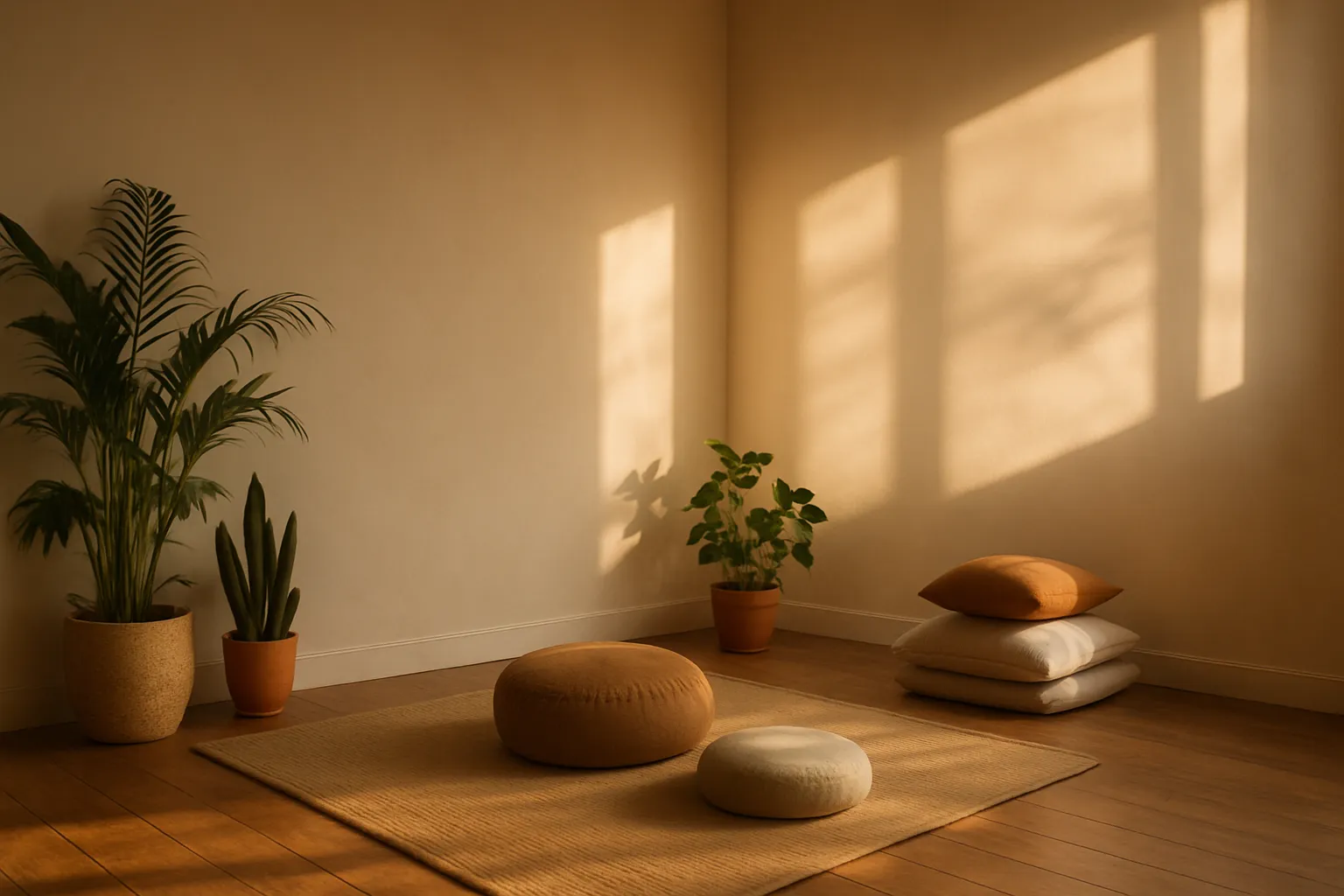 Cantinho de meditação tranquilo com almofadas e plantas para gerenciamento do estresse e controle hormonal