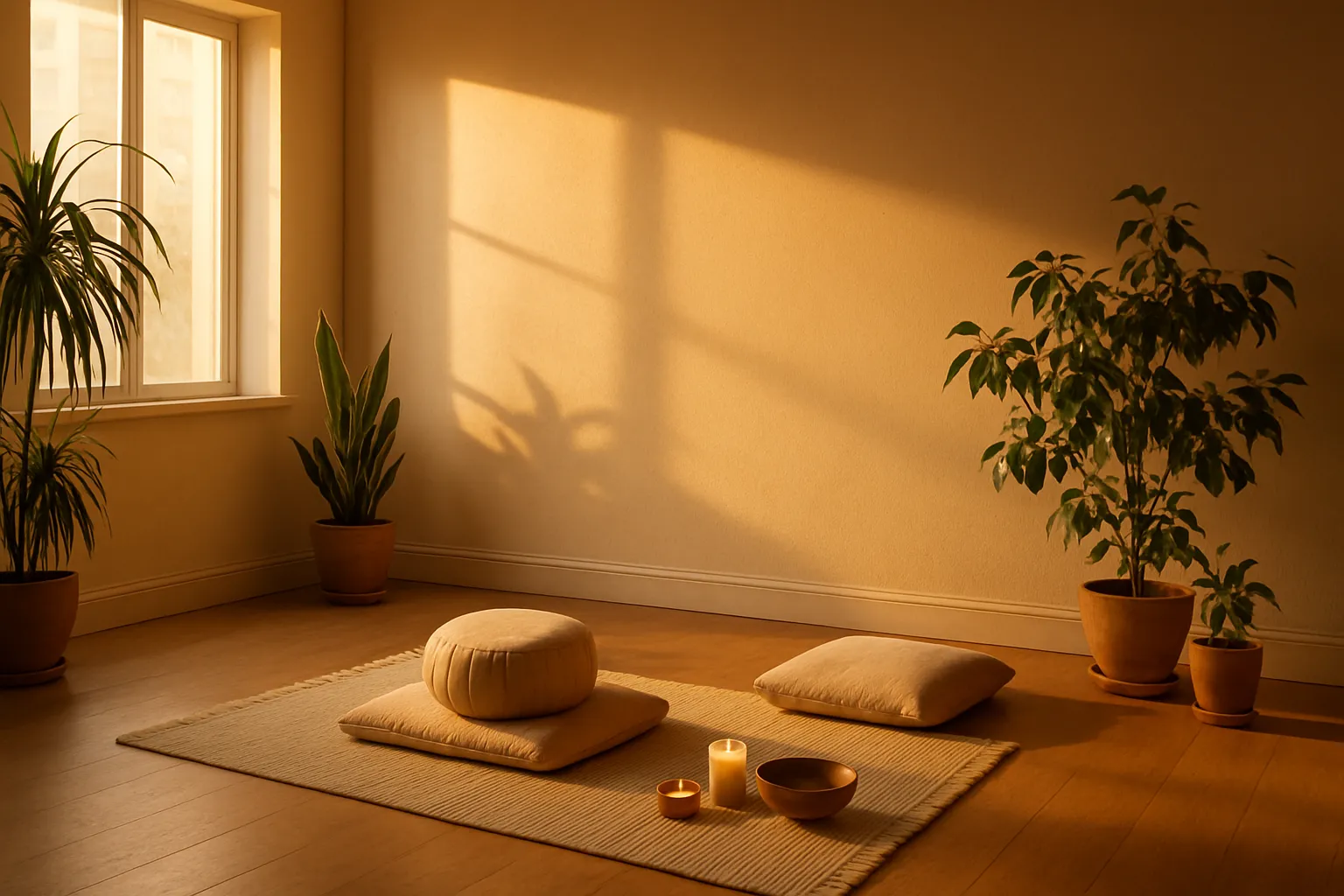 Canto de meditação pacífico com almofadas e plantas Canto de meditação pacífico com almofadas e plantas, criando o ambiente perfeito para práticas de hormese e estresse adaptativo