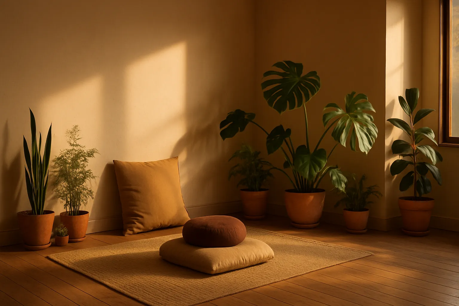 Canto de meditação sereno com almofadas e plantas Espaço de meditação tranquilo com almofadas e plantas para tratamento natural da ansiedade e bem-estar mental