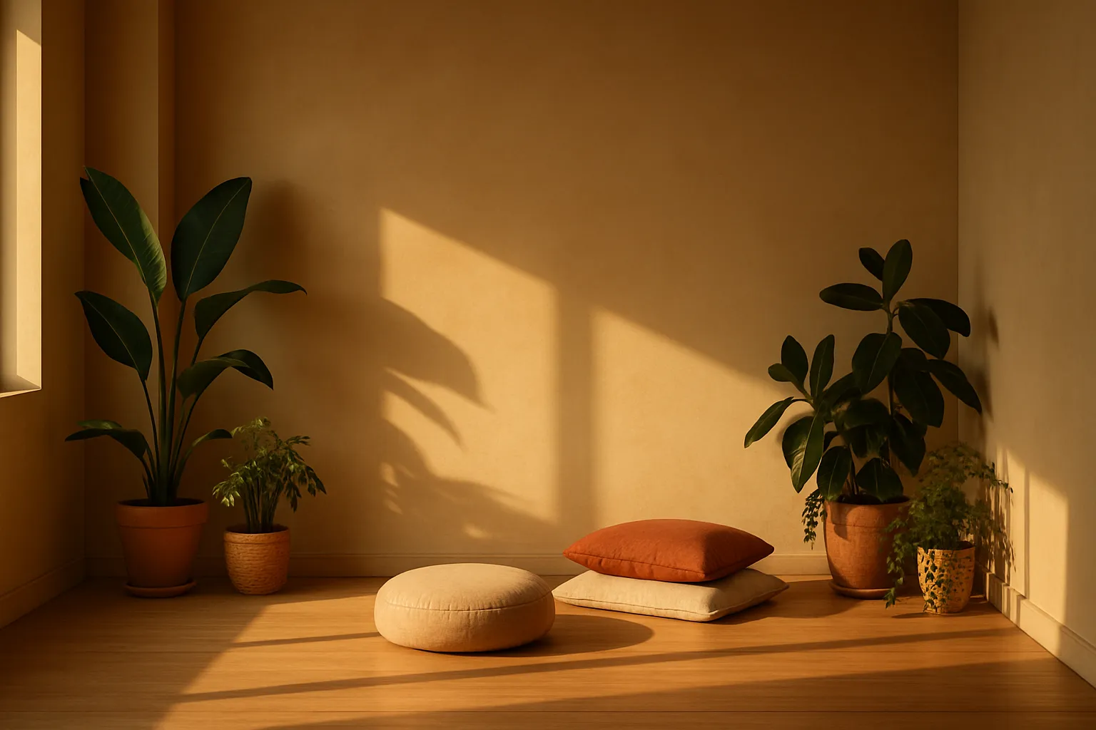 Canto de meditação sereno com almofadas e plantas, ambiente ideal para práticas que favorecem o equilíbrio da kisspeptina e hormônios sexuais