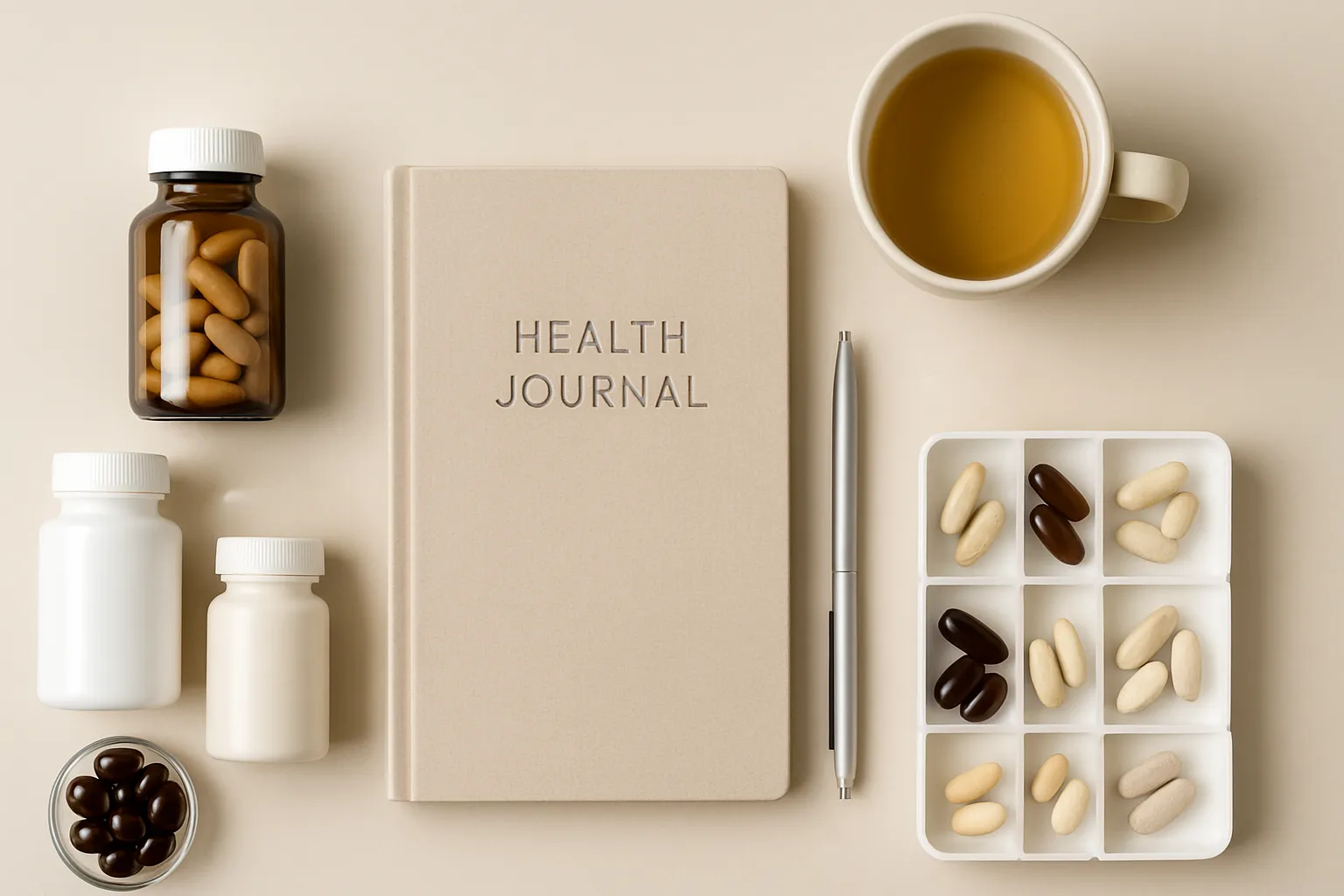 Arranjo flat lay com cogumelos shiitake frescos, suplementos de ergotioneína e materiais informativos sobre antioxidantes