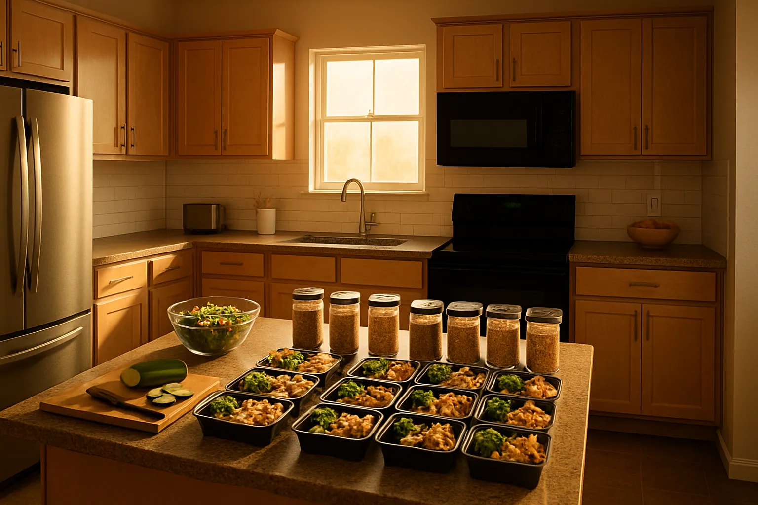 Cozinha Livre de Disruptores Endócrinos Cozinha moderna organizada com recipientes de vidro, produtos orgânicos e utensílios livres de BPA para proteção hormonal