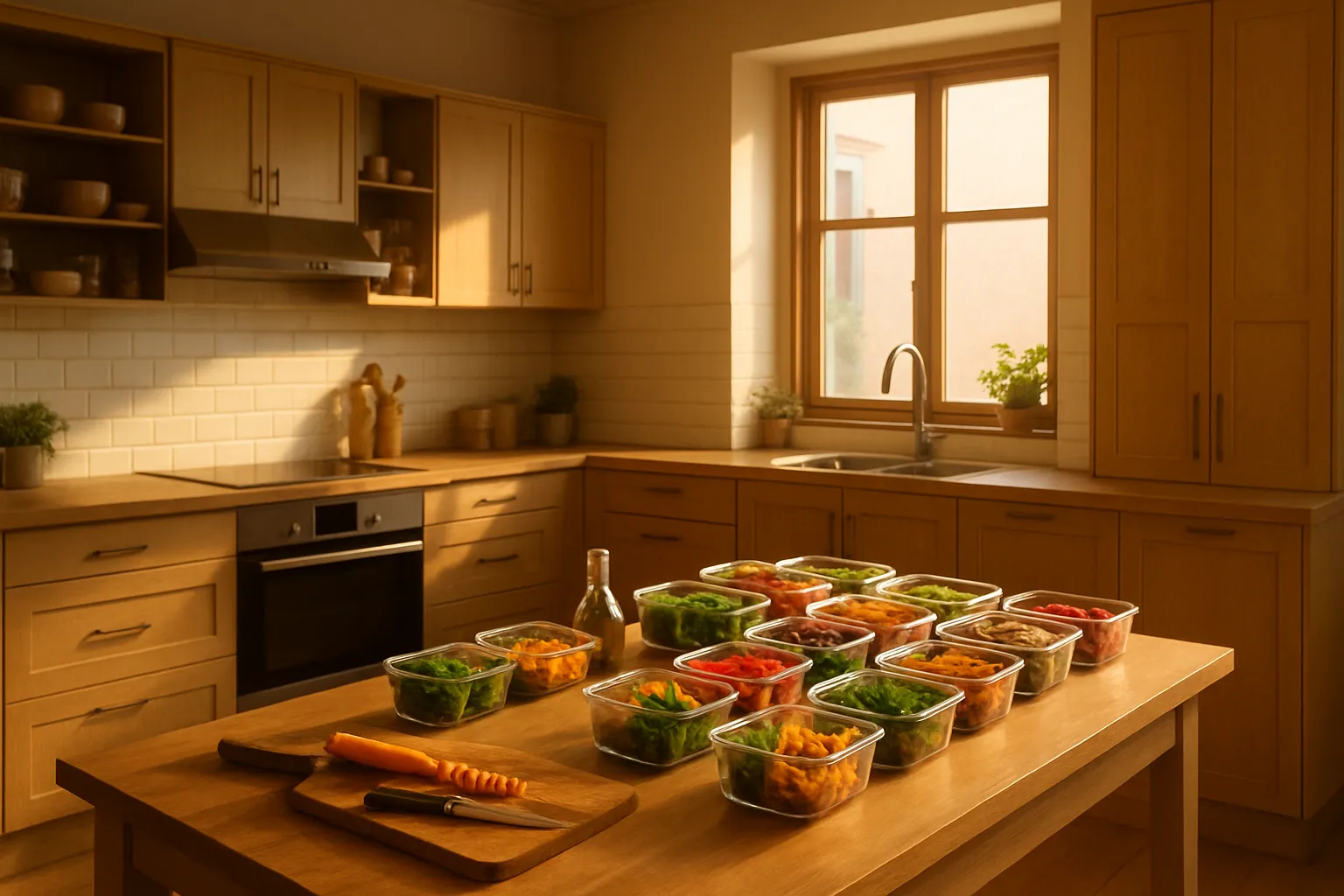 Ambiente de Cozinha Focado em Longevidade Cozinha moderna e organizada com estação de preparo de alimentos saudáveis, iluminação natural dourada, espaço otimizado para alimentação focada em longevidade