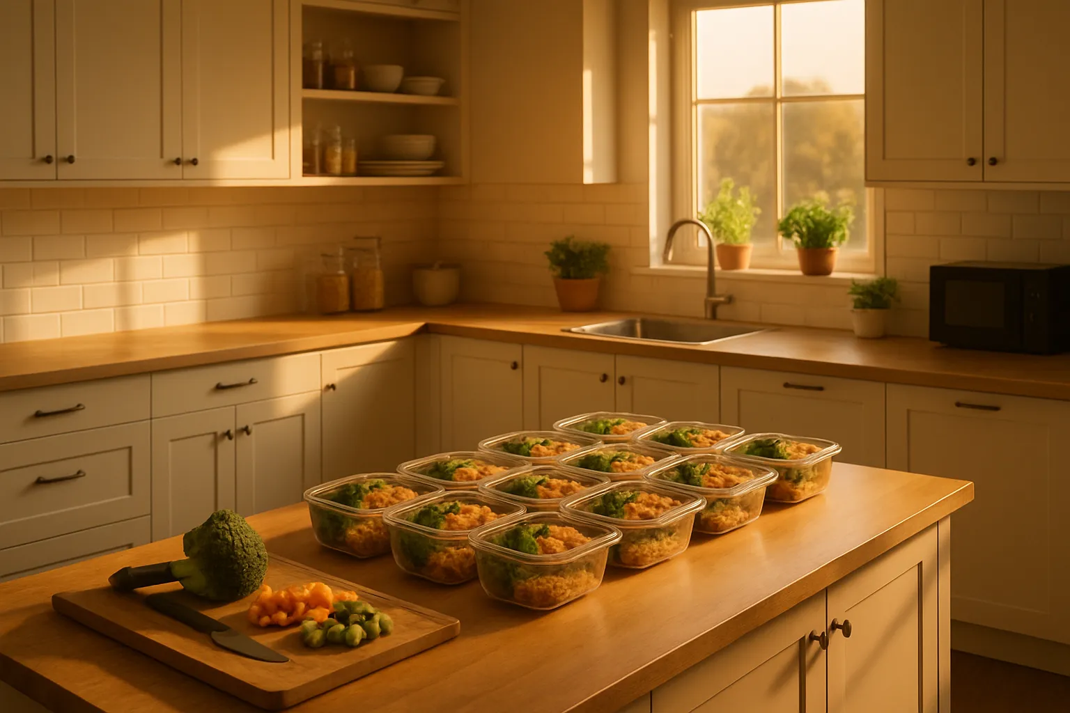 Cozinha bem organizada com estação de preparo de refeições saudáveis, mostrando o ambiente ideal para implementar a restrição de metionina