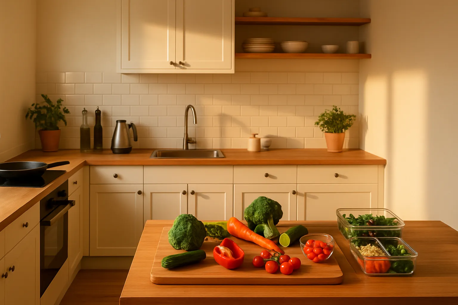 Cozinha moderna e organizada com estação de preparo de refeições, vegetais frescos e utensílios dispostos de forma funcional, criando ambiente ideal para alimentação que favorece o equilíbrio da microbiota