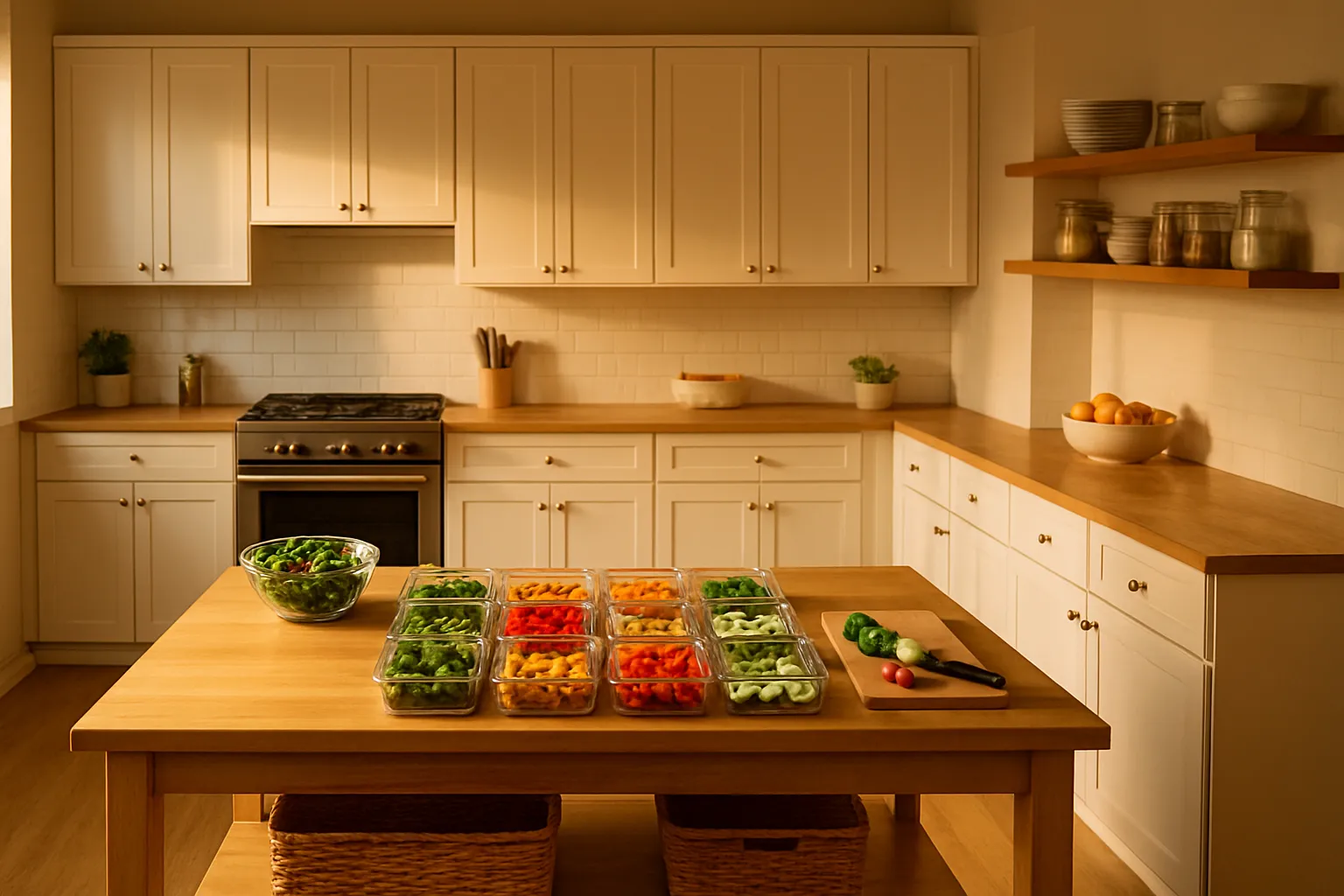 Cozinha Organizada para Dieta FODMAP Cozinha bem organizada com estação de preparo de refeições, mostrando ambiente ideal para seguir o protocolo FODMAP