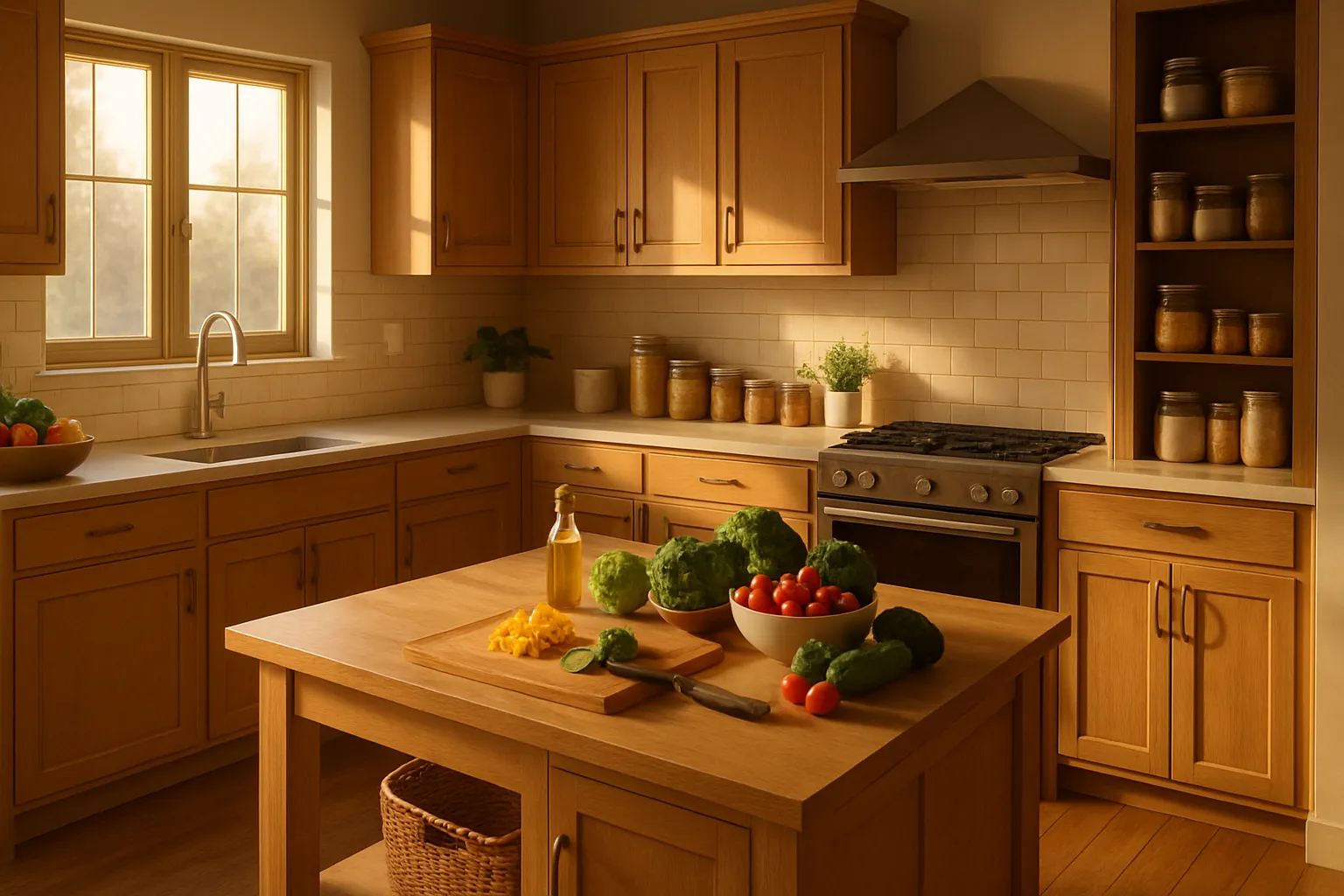 Cozinha Organizada para Dieta Low-Histamine Cozinha moderna bem organizada com área dedicada ao preparo de alimentos frescos e low-histamine