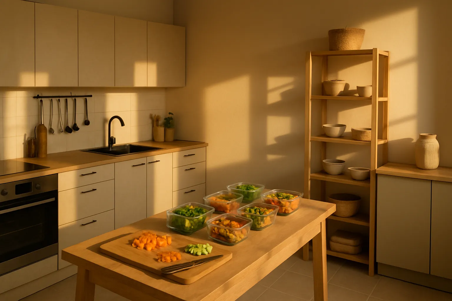 Cozinha organizada para dieta low-oxalate Cozinha bem organizada com estação de preparo de refeições saudáveis e alimentos baixos em oxalatos