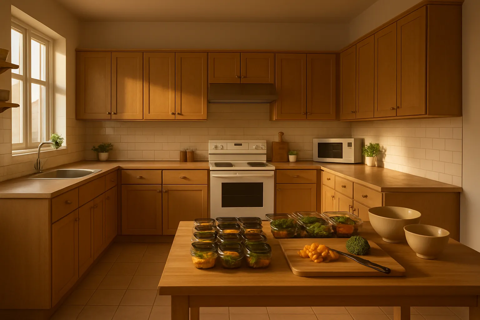 Cozinha bem iluminada com estação de preparo de refeições para acelerar o metabolismo