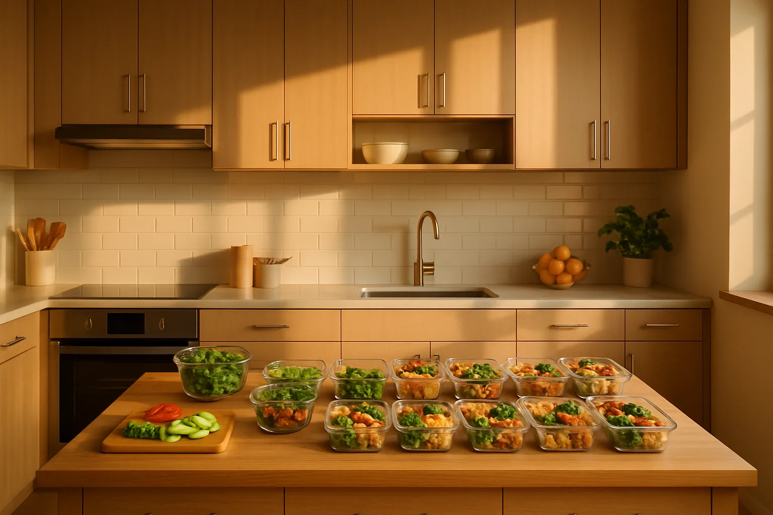 Cozinha organizada com estação de preparo de refeições Cozinha moderna e organizada com área dedicada ao preparo de refeições saudáveis, mostrando o ambiente ideal para apoiar o tratamento com tirzepatida e mudanças no estilo de vida