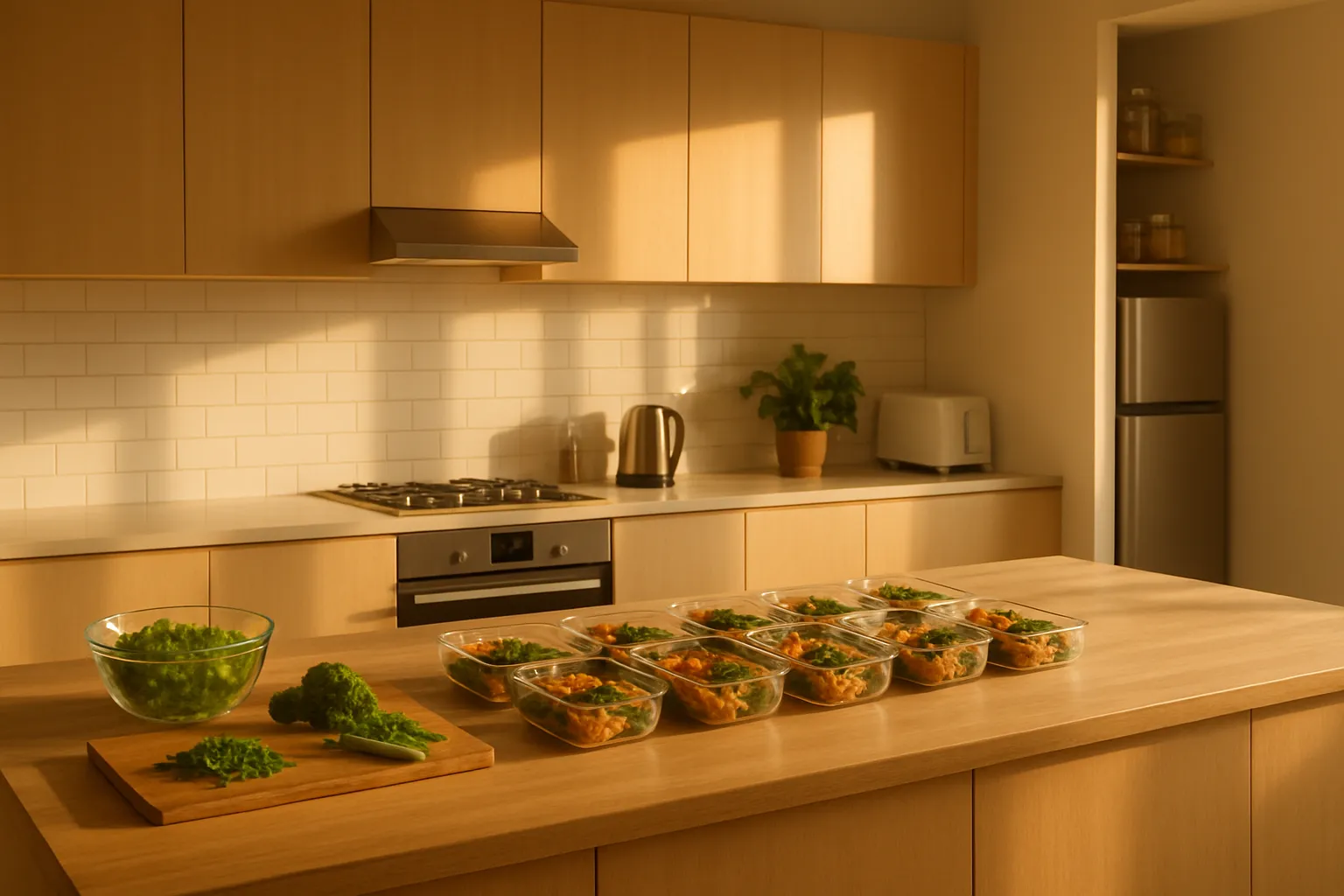 Cozinha bem organizada com estação de preparo de refeições saudáveis e utensílios para controle de porções