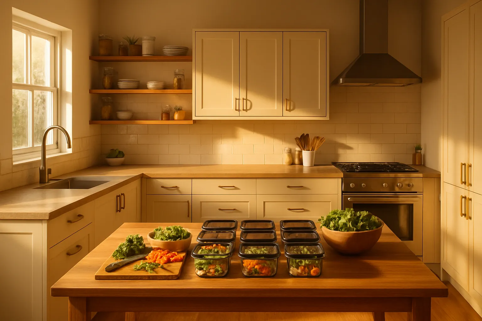 Cozinha organizada para preparação de alimentos curativos intestinais Cozinha bem organizada com estação de preparo de refeições saudáveis, iluminada pela luz natural, ideal para protocolo de regeneração intestinal